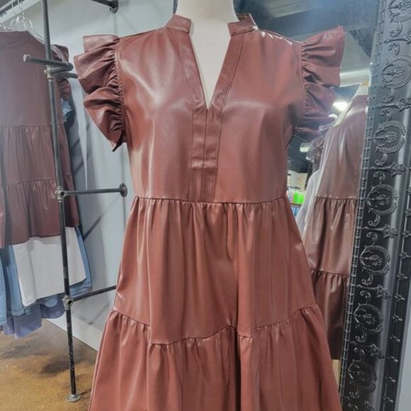 entro Dresses & Skirts - Entro Chocolate Faux Leather Tiered Dress w/ Ruffle Sleeves, Size Medium
